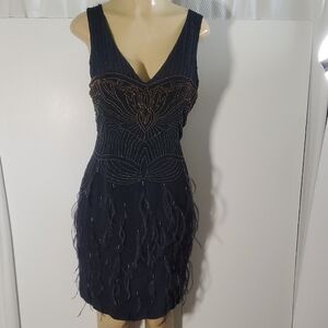 Nicole Miller 100% Silk Elegant Blue Beaded and Feather Mini Dress Size 10